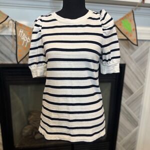 LOFT Navy Blue White Striped Puff Sleeve Crew Neck T Shirt Top XXS